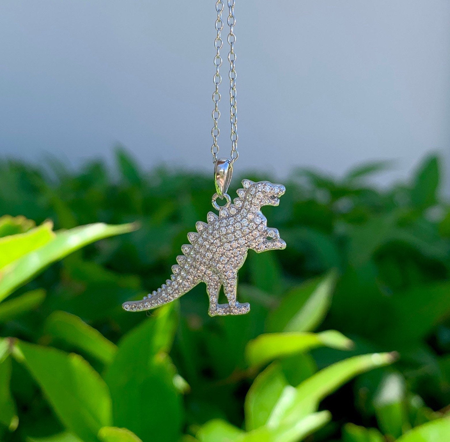 T-rex Dino Sterling Silver Pendant W/ Adjustable Chain, Cubic