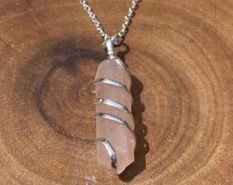 Spiral Wire Wrapped Rose Quartz Necklace, Wire Wrap Necklace, Heart Chakra, Self Love Stone, Pink Necklace, Bridesmaids, Love Gift