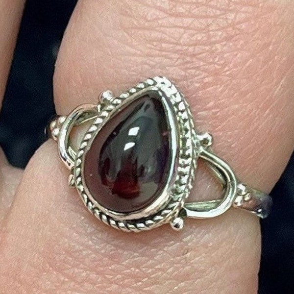 Teardrop Garnet Wishbone Design Sterling Silver Ring, Genuine Garnet Stackable, January Birthstone, 925 Crystal Jewelry, Root Chakra, ASJ