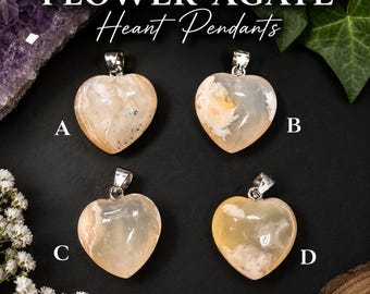 Flower Agate Heart Pendant Necklace Natural Crystal Heart Pendant Rhodium Plated Pink Flower Agate Gift for Her Healing Crystal