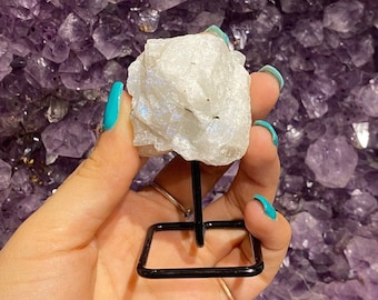 Rough Rainbow Moonstone on Metal Stand, Moonstone Mini Pin, Moonstone on Stand, Stone on Stand, June Birthstone, Raw Gem