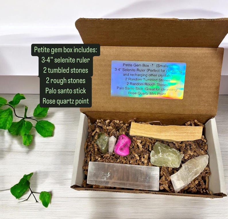 Crystal Box - Bracelets, Palm Stones, Selenite, Palo Santo, Tumbled and Rough Stones, Crystal Confetti, and Crystal Gifts! Petite Gem Box