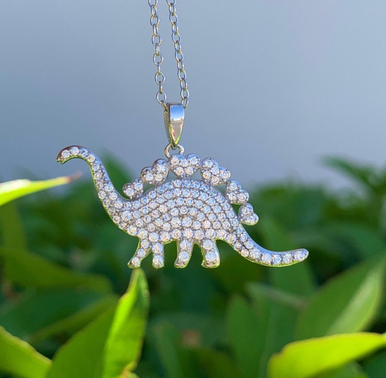 Sterling Silver Stegosaurus Dino Pendant Necklace Cubic Zirconia