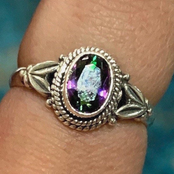 Oval Leaf Mystic Quartz Sterling Silver Ring, Mystic Quartz Stackable Ring, Crystal Jewelry, Crown Chakra, Heart Chakra, Healing Stone, ASJ