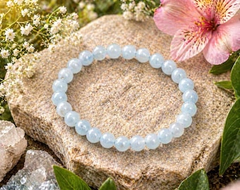 One 6-7mm Aquamarine Round Beaded Bracelet, Blue Aquamarine Stone, Stretch Bracelet, Stone Jewelry, March Birthstone, Serenity and Calm