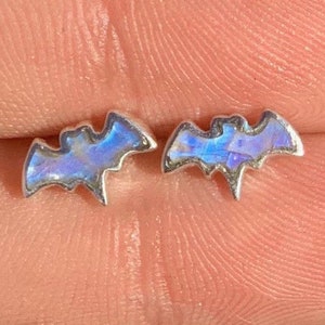 Rainbow Moonstone Bat Shape Sterling Silver Earring, Bat Shape Earring, Halloween Bat, Inlay Stud Earrings, June Birthstone, Gothic Earrings