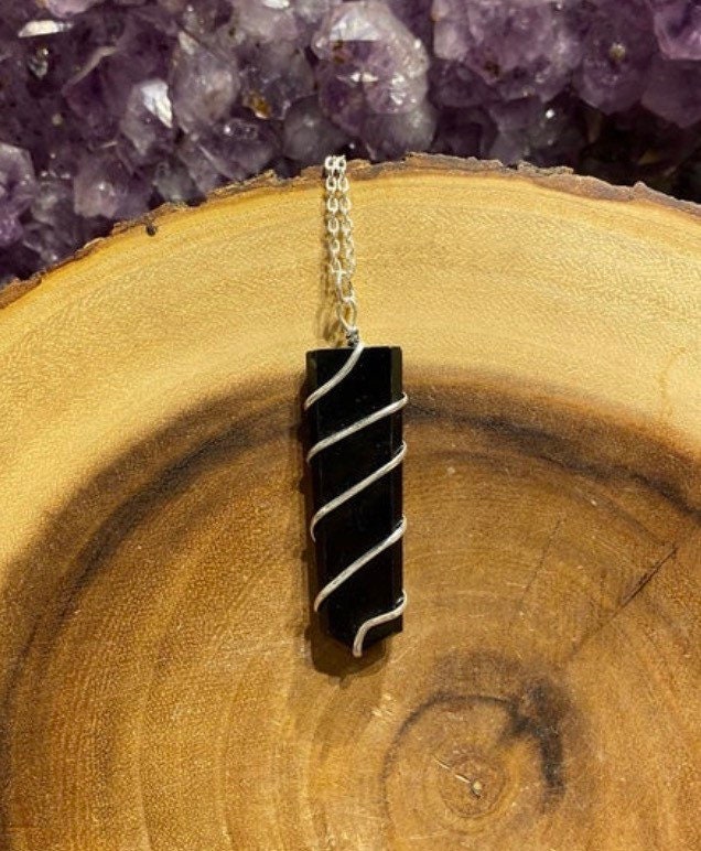 Obsidian Obelisk Wire Wrap Pendant w/ Chain, Obsidian Pendant, Black …