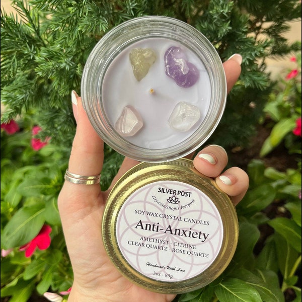 Hand Made 3oz Lavender Crystal Candle for Anxiety Relief, Soy Wax Aromatherapy, Crystal Infuse, Amethyst, Rose Quartz, Clear Quartz, Citrine