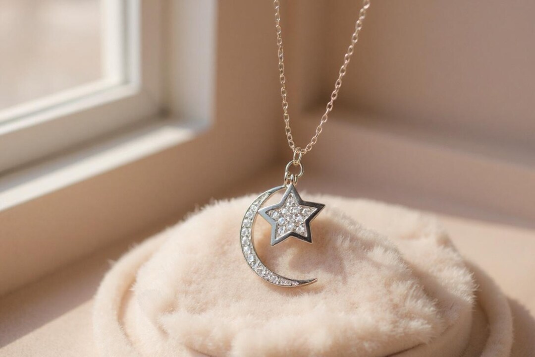 Crescent Moon and Star Sterling Silver Pendant Necklace