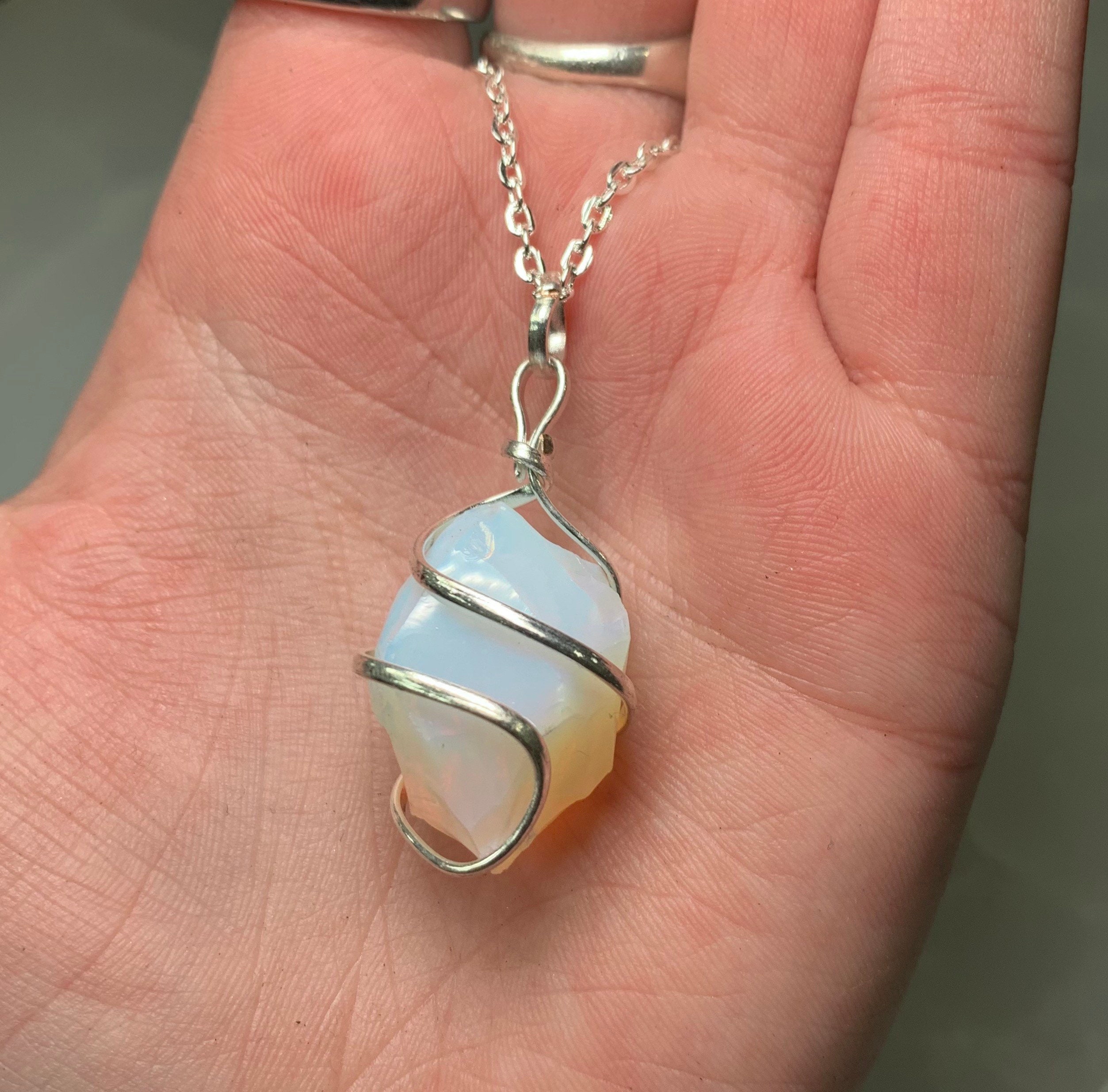 Blue Glass Necklace Opalite Free Form Wire Wrap Necklace Strength Stone Crown Chakra Crystal Wire Wrapped Stone Healing Chakras