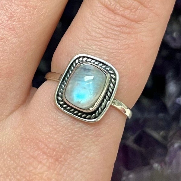 Rectangle Rope Moonstone Sterling Silver Ring, Genuine Moonstone, June Birthstone, 925 Crystal Jewelry, Third Eye, Crown, Female Energy