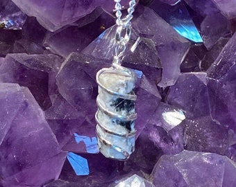 Spiral Wire Wrapped Rainbow Moonstone Pendant w/ Rhodium Plated Chain, Moonstone Necklace, Moonstone, Wire Wrap Stone, Female Power