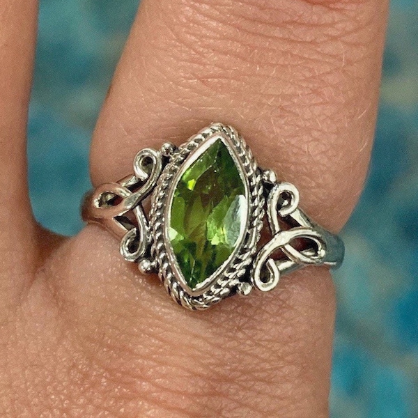 Peridot Marquise Swirl Sterling Silver Ring, Genuine Peridot Stackable Ring, 925 Crystal Jewelry, Heart Chakra, August Birthstone, ASJ