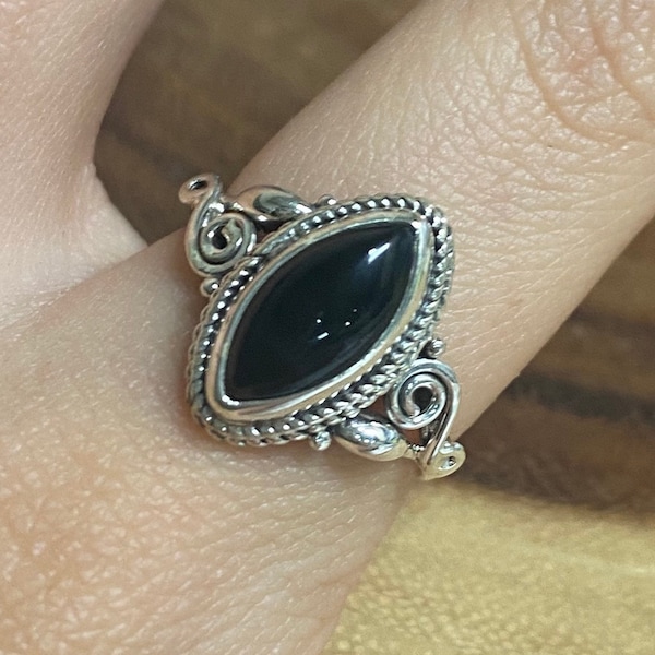 Onyx Marquise Spiral Accent Sterling Silver Ring, Genuine Onyx Ring, Black Ring, 925 Crystal Jewelry, Root Chakra, Protection Stone, ASJ