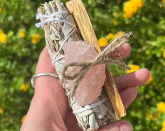 Rose Quartz Cleansing Set: Attracting Love, Self Love Smudge Kit, House Warming, Cleansing Kit, Palo Santo and California Sage