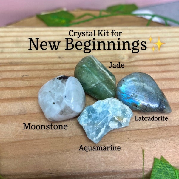 Crystal Kit for New Beginnings, Stone Bundle for Transition and Change, Calming Energy, Reiki, Healing, Moonstone, Lab, Aquamarine, Jade