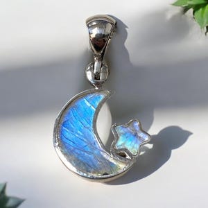Small Moonstone Star and Moon Sterling Silver Pendant, Crescent, New Beginning, Female Energy, June Birthstone, Celestial, Boho Necklace