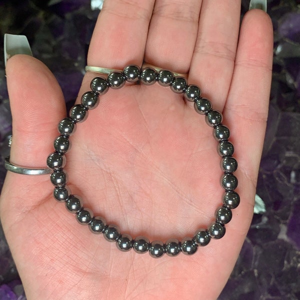 One 6mm Hematite Beaded Bracelet, A++ Genuine Hematite, Relieving Stress and Anxiety, Healing Stone, Gift for Men and Women,