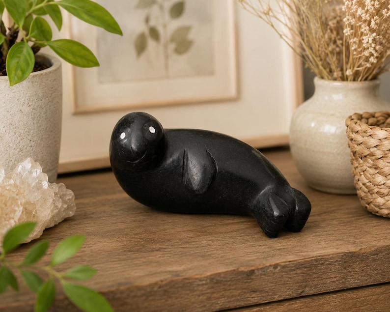 Black Marble Seal Carving Handmade Stone Seal Figurine Ocean Animal Sculpture Sea Lover Gift Coastal Home Decor Marine Life Collectible image 3