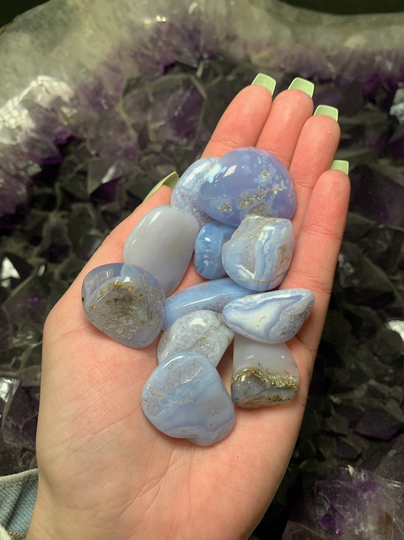 One Blue Lace Agate Tumbled Stone, Blue Lace Agate Pocket Stone, Chalcedony Agate, Crown Chakra, Energy Stone, Meditation Stone image 5