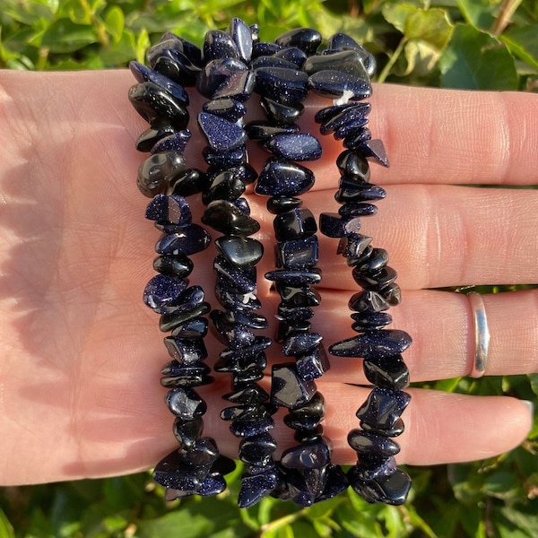 Midnight Goldstone Chip Bracelet, Blue Sandstone Bracelet, Healing Stone Bracelet, Purple Goldstone Stretch Bracelet