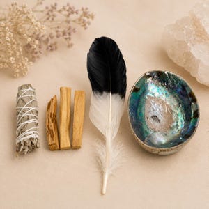 May include: An assortment of spiritual items, including a white sage bundle, palo santo sticks, a black and white feather, and an abalone shell. The items are arranged on a neutral-toned surface, suggesting a focus on natural elements and rituals.