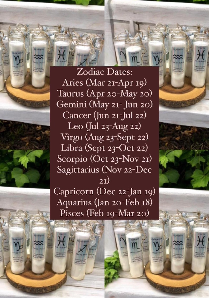 Puede incluir: Un conjunto de doce tarros de velas de vidrio con signos del zod&iacute;aco y fechas impresas en las etiquetas. Las velas est&aacute;n dispuestas sobre una superficie de madera. Los signos del zod&iacute;aco son: Aries, Tauro, G&eacute;minis, C&aacute;ncer, Leo, Virgo, Libra, Escorpio, Sagitario, Capricornio, Acuario y Piscis.