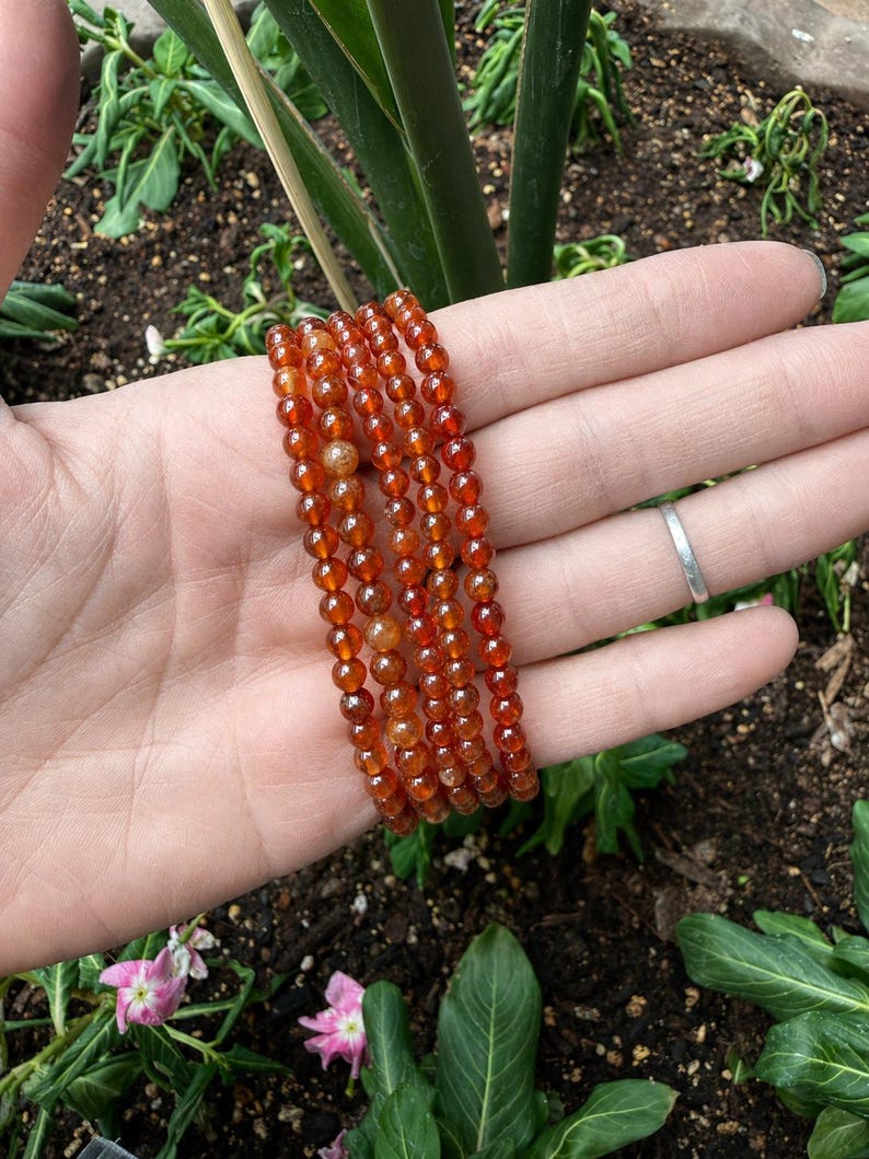 May include: Several strands of orange-red gemstone bead bracelets. The beads are small and round, with a polished, translucent appearance. The bracelets are held in a hand, with a garden background.
