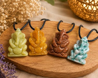 Crystal Ganesh Pendant Necklace, Hand Carved Stone Ganesha Charm, Spiritual Protection Necklace, Yoga Meditation Gift