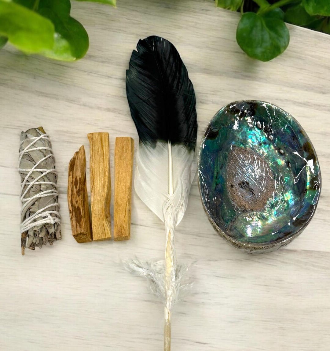 Smudge Kit Smudge Kit With Feather, Abalone Shell, Sage Bundle, Palo Santo ...