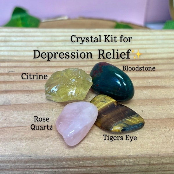 Crystal Kit for Depression Relief, Stone Bundle for Happiness and Uplifting, Meditation, Reiki Tools, Healing, Tiger Eye, Quartz, Bloodstone