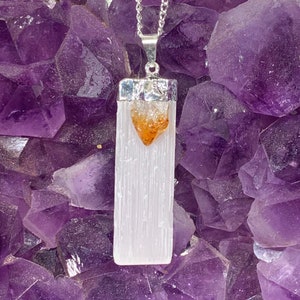 Selenite and Citrine Necklace – Cleansing & Wealth Pendant for Energy, Money, and Stress Relief – Crystal Jewelry Gift for Abundance