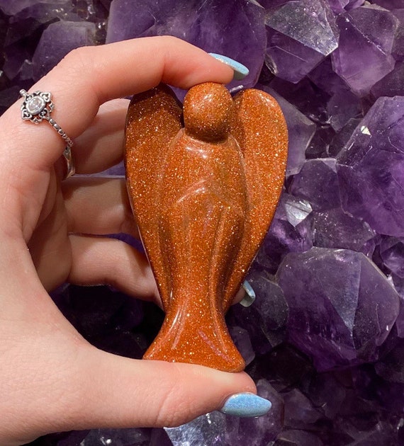 Goldstone Angel Carving, Stone Angel Carving, 3" Goldstone Angel, Gold Angel, Heaven Angel Figurine, Prayer Angel Statue, Praying Angel