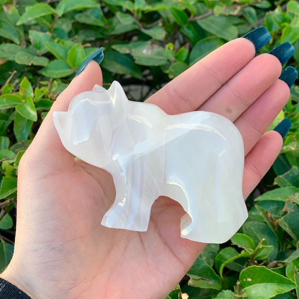 White Onyx Polished Grizzly Bear (Three Sizes Available), Crystal Bear Carving, Crown Chakra, Polished Bear, White Bear, Spirit Animal, MM