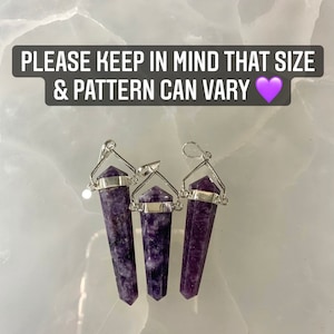 May include: Three purple amethyst crystal point pendants with silver bail settings. PLEASE KEEP IN MIND THAT SIZE & PATTERN CAN VARY 💜