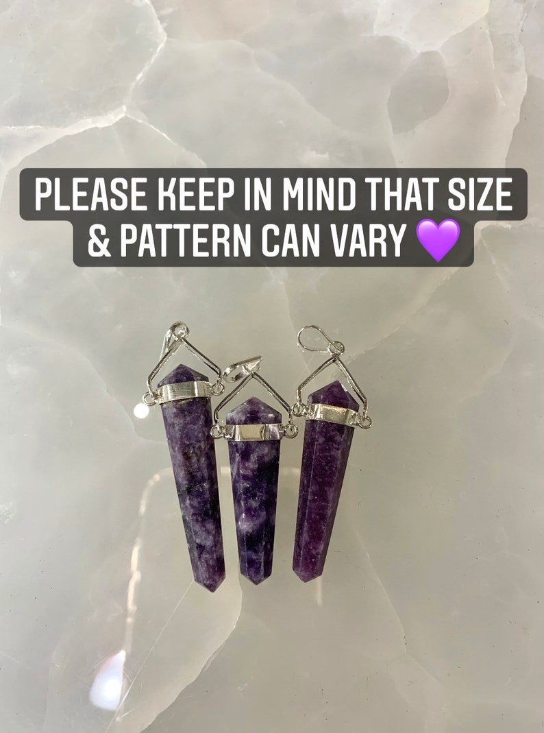 May include: Three purple amethyst crystal point pendants with silver bail settings. PLEASE KEEP IN MIND THAT SIZE & PATTERN CAN VARY 💜