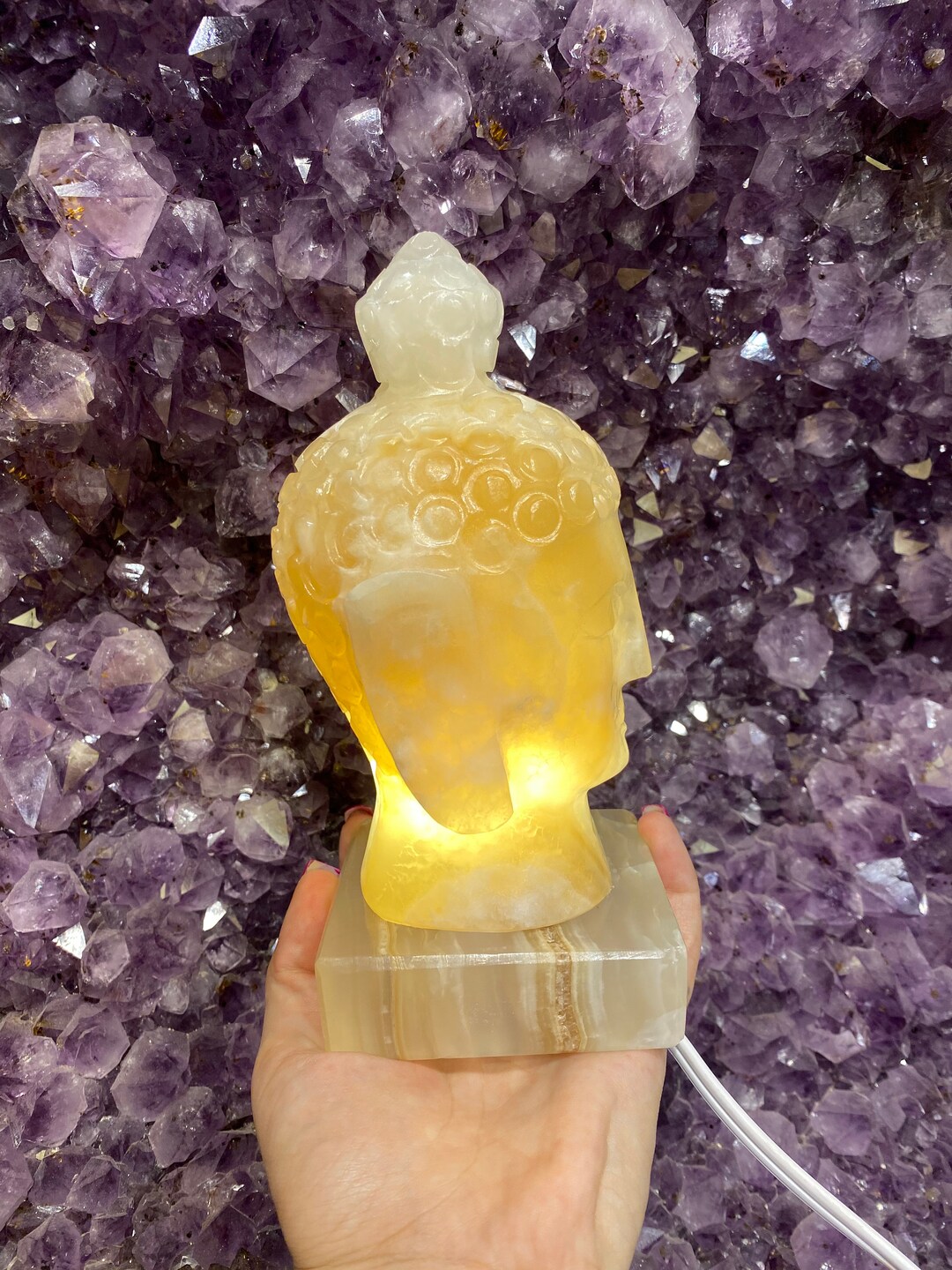 Amber Onyx Buddha Head Lamp With Bulb & Cord – 7" Hand Carved Stone ...