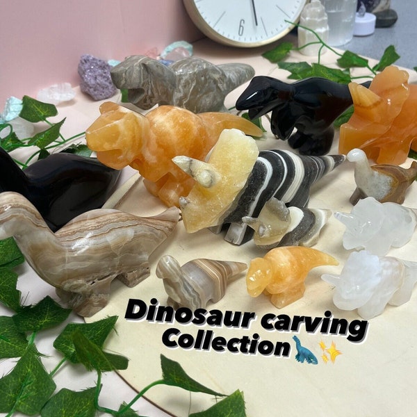 Crystal Carved Dinosaur Collection, Dino Statue, Mini & Large Size Dinosaur, Triceratops, Brontosaurus, T-Rex, Dino Lover Gift, Paleontology