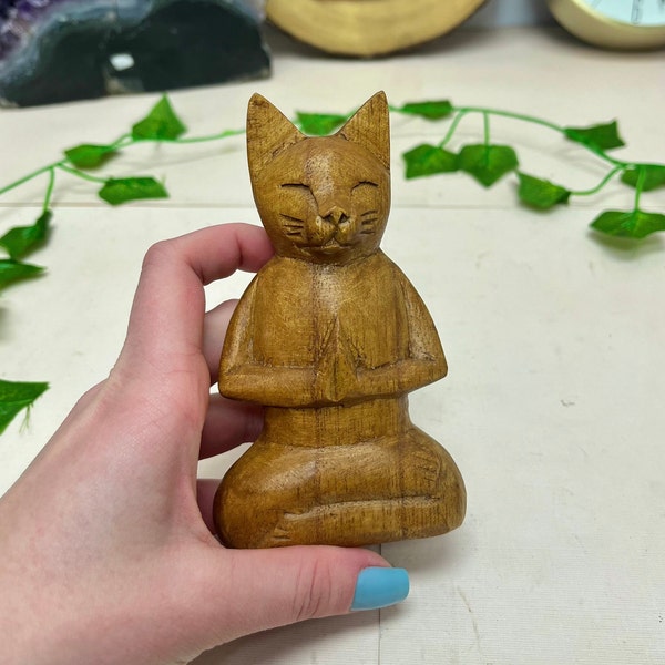 One Teak Wood Yoga Meditation Cat Carving, Hand Carved Wood, Wooden Cat, Cat Gift, Zen Home Decor, House Warming Gift, Teak Wood Animal, MGI