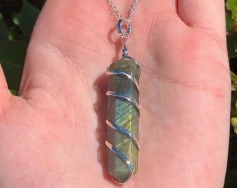 Spiral Wire Wrapped Labradorite Necklace, Wire Wrap Necklace, Third Eye Chakra, Intuition Stone, Blue Necklace, Crystal Point Necklace