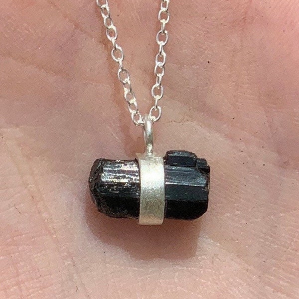 Black Tourmaline Dainty Chunk Sterling Silver Necklace w/ Adjustable Chain, Natural Tourmaline Crystal, Protection Stone, Root Chakra, 925,
