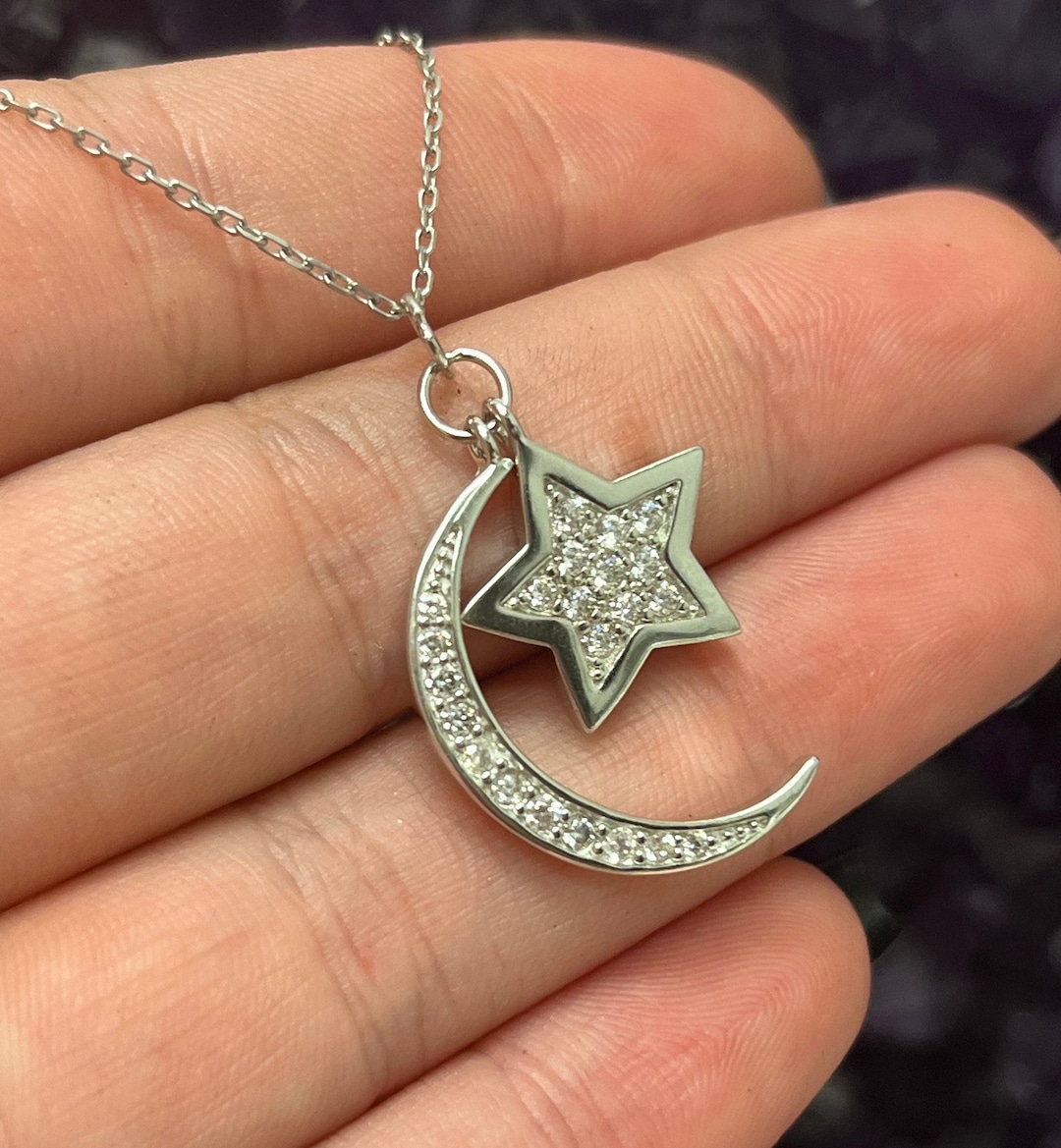 Moon & Star 925 Sterling Silver Pendant Adjustable Chain