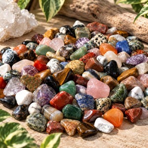 May include: A large collection of polished tumbled stones in a variety of colors, including shades of red, green, blue, black, white, orange, and purple. The stones feature diverse textures, patterns, and mineral compositions, displayed together.