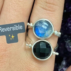 Reversible Moonstone / Black Onyx Sterling Silver Ring, Rainbow Moonstone, June Birthstone, Black Onyx, Unique Jewelry, Energy Stone, 925