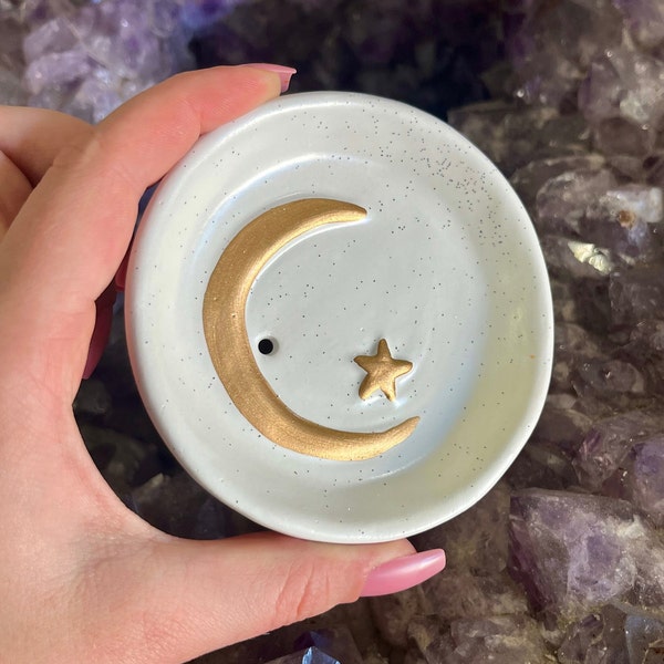 Moon and Star Ceramic Incense Burner, Incense Tray, Celestial Design, Boho Home Decor, Meditation Room, Aromatherapy, Altar, Reiki, Yoga