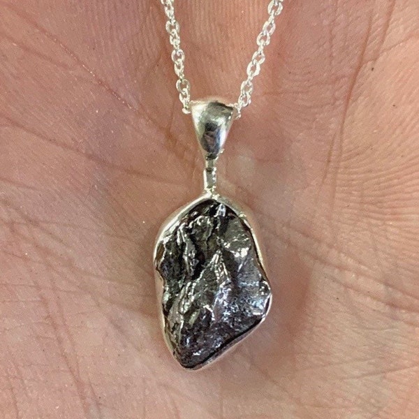 Rough Meteorite Sterling Silver Pendant w/ Adjustable Chain, Unpolished Raw Stone, 925 Silver, Iron Meteorite, Space Rock, Campo Del Cielo