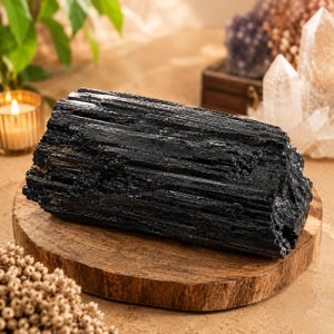 May include: A large, raw black tourmaline crystal with a deeply striated, columnar surface texture. The stone features a dark, opaque appearance with natural jagged edges and a rough, unpolished finish, showcasing its distinct vertical mineral growth.
