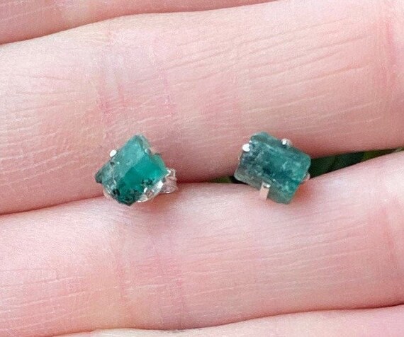 Rough Emerald Sterling Silver Earring, Emerald Earring, Raw Prong Set Stud Earrings, May Birthstone, Emerald, Sterling Silver, Stud Earring