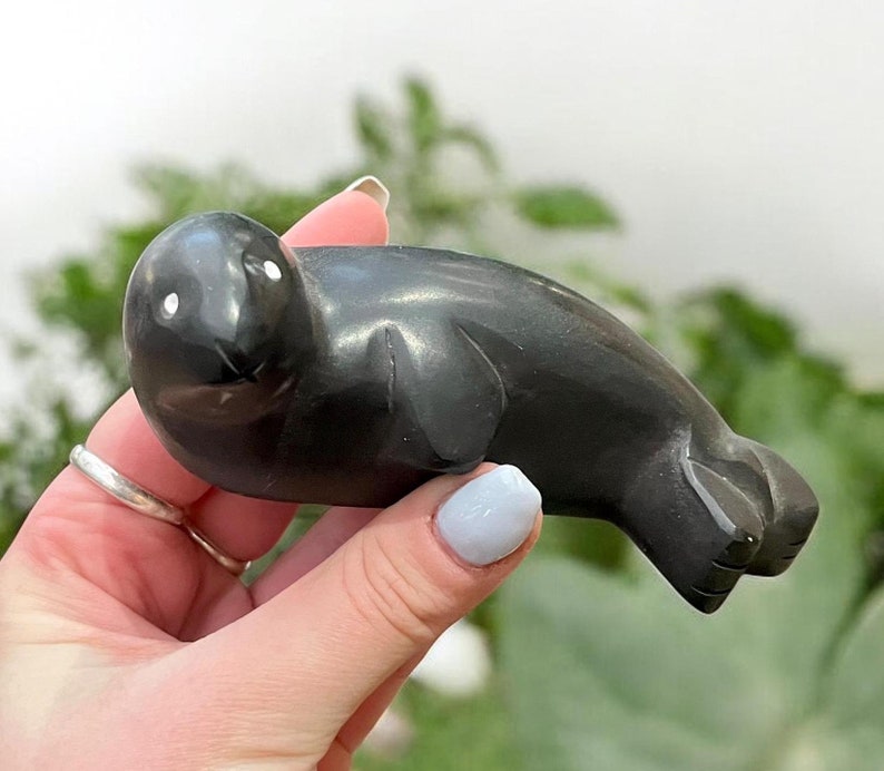 May include: A black, hand-carved stone sculpture of a seal. The seal is lying on its side with its head turned to the side. The sculpture is smooth and polished.