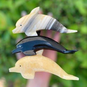 Stone Dolphin Carving – Hand Carved Crystal Figurine in Zebra Onyx, Black Onyx, or Orange Calcite, Dolphin Decor or Spiritual Gift, Ocean